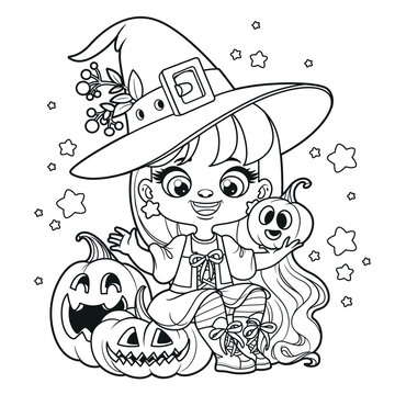 Cute cartoon long haired girl in a Halloween witch costume sit on the pumpkin outlined for coloring page on white background