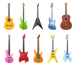 Acoustic and electric guitars cartoon vector illustration set. Colorful musical instruments for entertainment or rock band on white background. Music, hobby, guitar vintage collection concept