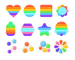 Colorful pop it and simple dimple toy vector illustrations set. Popular sensory fidget toys of different shapes, rainbow colored antistress gadgets, games for kids. Toys, relaxation, anxiety concept - obrazy, fototapety, plakaty