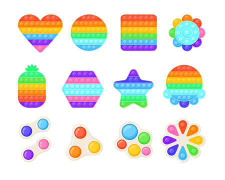 Colorful pop it and simple dimple toy vector illustrations set. Popular sensory fidget toys of different shapes, rainbow colored antistress gadgets, games for kids. Toys, relaxation, anxiety concept