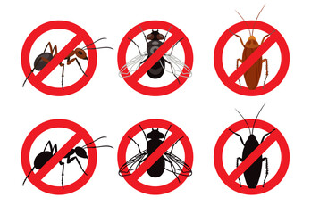 Stop sign against insects set. Vector illustrations of warning symbols with pest silhouettes. Cartoon fly, ant, cockroach inside crossed red circle isolated on white. Sanitation, insecticide concept