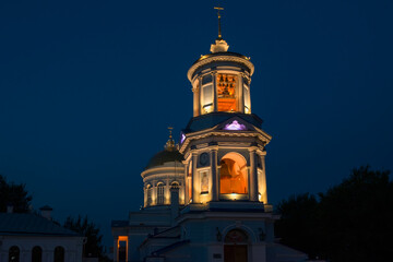 Night view of Sovetskaya Square and Pokrovsky Cathedral in the center of Voronezh on a late summer evening, Russia