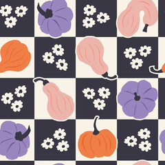 Seamless pattern of pumpkin checkered black white square with small daisy. Repeatable motif, repeat background, plaid wallpaper, creative geometric pattern. Playful graphic thanksgiving illustration.