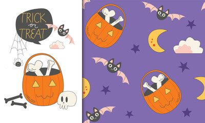 Trick or Treat greeting card template and pattern swatch of trick or treat Halloween pumpkin basket with bones, Crescent moon, stars, cute bats. Purple background. Repeatable motifs vector for October