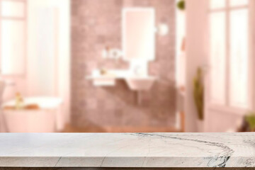 Empty marble top table with blurred bathroom interior Background. for product display. 
