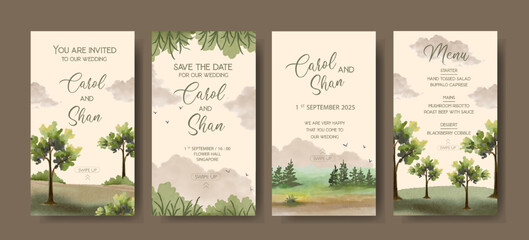 A set of instagram story of wedding invitation with nature watercolor theme