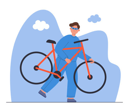 Male Thief Holding Stolen Bicycle Flat Vector Illustration. Criminal Cartoon Character In Mask Running Away After Committing Robbery, Breaking Or Violating Law. Theft, Burglar Concept