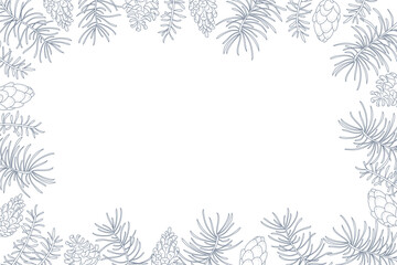 Christmas stylish decor for cards, banners, invitations. Overlay horizontal frame. Vector flat outline illustration. Line art.