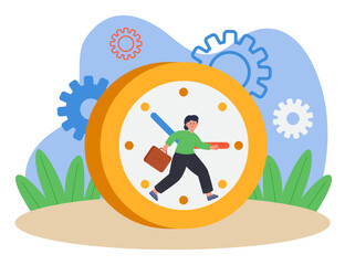 Tiny female character running on clock face. Cartoon businesswoman rushing to do everything at work while time running out flat vector illustration. Rush hour, time management concept
