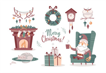 Set of cartoon isolated Santa and Christmas elements