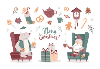 Set of cartoon isolated Christmas characters and decorative elements