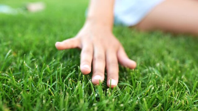 Woman touching fresh grass on green lawn, closeup