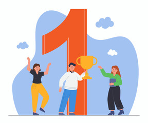 Business employee holding trophy for first place in competition. Award ceremony flat vector illustration. Challenge, victory, success concept for banner, website design or landing web page