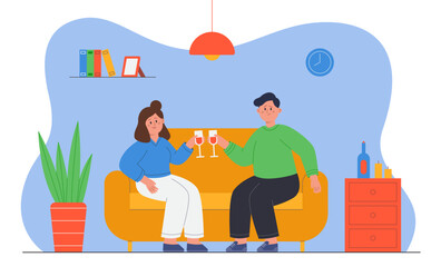 Adorable couple having romantic date at home while drinking wine. Cartoon man and woman sitting on couch together flat vector illustration. Romance, love concept for banner or landing web page