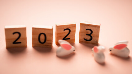 2023 text on wooden blocks with a rabbit zodiac doll concept background. Resolution, plan, review, goal, start, end year, and New Year holiday