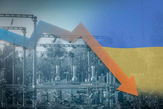 Power station and dropping down arrow next to Ukrainian flag. Energy crisis in Ukraine. Decreasing electricity generation and supply. Infrastructure damage and blackout in UA.