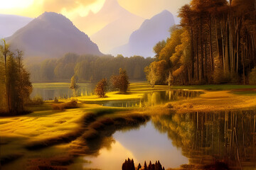 Naklejka na ściany i meble Dreamy landscape with sunrise at a forest lake. Amazing 3D landscape. Digital illustration. CG Artwork Background