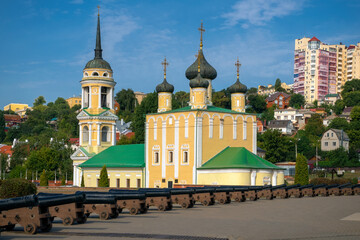 Guns and the Assumption Admiralty Church in Voronezh, Russia. Admiralteyskaya square