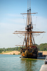 Voronezh, View of ship-museum of Goto of Predestination from embankment side along Admiralteyskaya Square. Ship designed by Peter 1 against blue cloudless sky. Landscape. © Konstantin