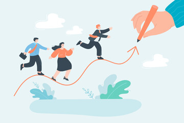 Team of business people on increasing hand drawn line. Company stuff improving strategy and marketing plan, increasing sales, growing up together flat vector illustration. Leadership, trend concept