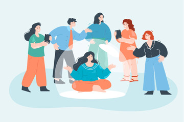 Girl avoiding contact with crowd, sitting in glass bubble. Woman meditating, sitting in lotus position, separating from noisy people, rejecting interaction flat vector illustration. Meditation concept