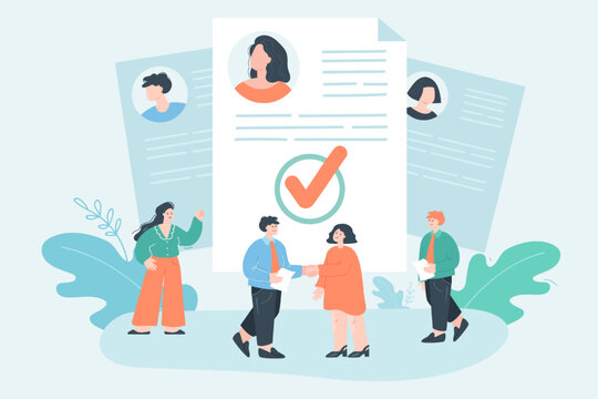 Business people talking with customers flat vector illustration. Tiny people studying information about clients before making banking transactions to prevent risks. KYC or know your customer concept