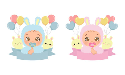 Obraz na płótnie Canvas Cute baby boy and girl in rabbit costume birthday celebration. Flat vector cartoon design