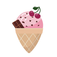 Berry ice cream with cherry and chocolate in a waffle cone isolated on a white background. Vector sweet dessert.