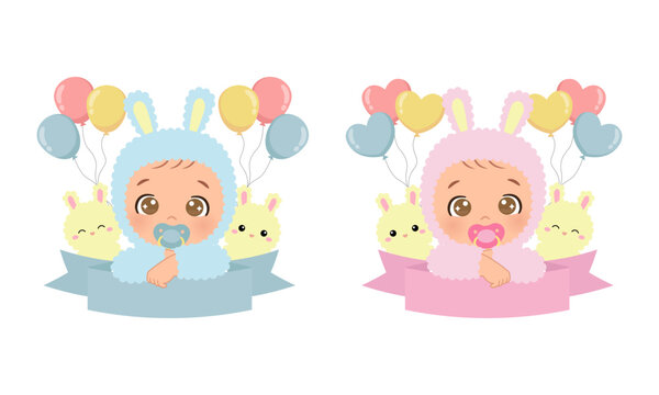 Cute baby boy and girl in rabbit costume birthday celebration. Flat vector cartoon design