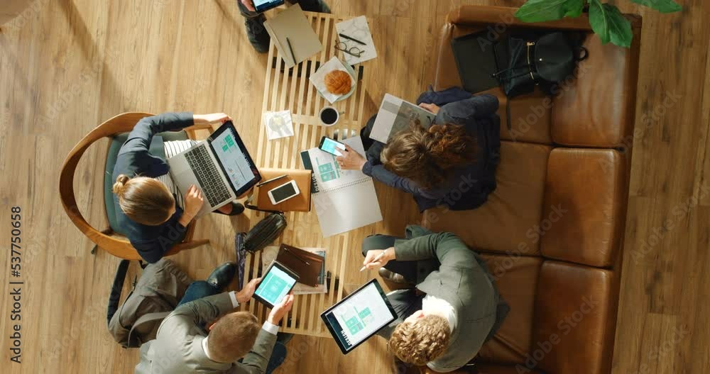 Aufkleber Business meeting, app developer and people planning digital software development with b2b client, multimedia technology and restaurant workspace. Digital marketing team with ux ui web design screen