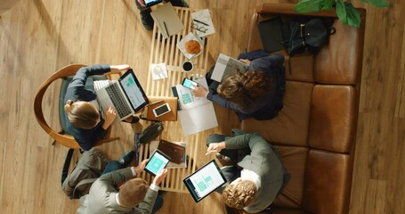 Business meeting, app developer and people planning digital software development with b2b client, multimedia technology and restaurant workspace. Digital marketing team with ux ui web design screen