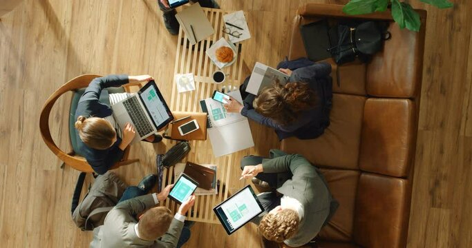 Business meeting, app developer and people planning digital software development with b2b client, multimedia technology and restaurant workspace. Digital marketing team with ux ui web design screen