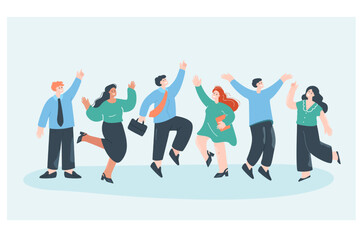 Happy team of office workers jumping with joy and laughing. Professional corporate business people celebrating victory and achievement in work flat vector illustration. Job, success career concept
