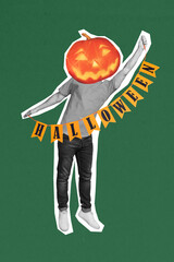 Vertical collage picture of black white gamma guy carved pumpkin instead head hands hold halloween...