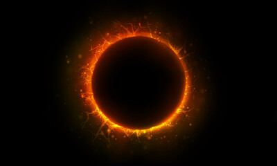 Yellow lightning bright circle on black background. Light effect.