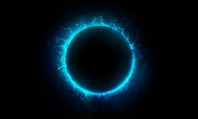 Technology blue lightning bright circle on black background.