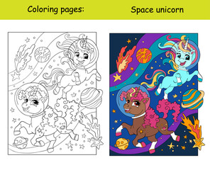 Obraz premium Cute unicorns in space coloring and color book page