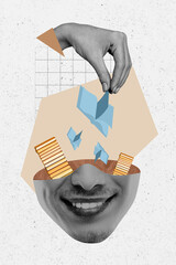 Creative photo 3d collage poster postcard artwork of palm putting books inside open head isolated...