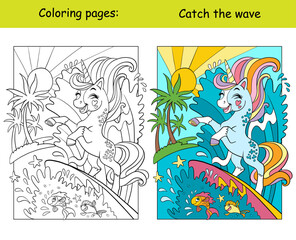 Cute unicorn catches a wave on a surfboard coloring and color