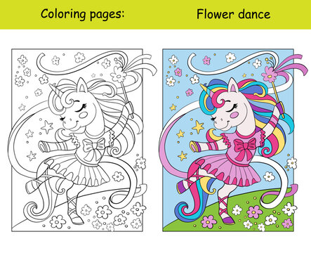 Cute dancing unicorn ballerina coloring book page and color