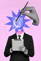 Creative photo 3d collage poster postcard artwork of hardworking man office worker decide consider...