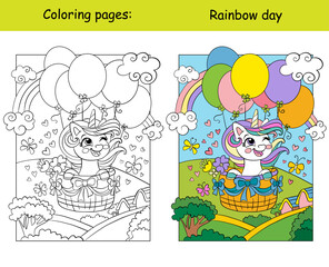 Cute unicorn flying on air balloons coloring and color