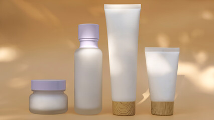 bottles for cosmetics made of plastic and glass stand on beige background. soft light, sun glare, close-up. blank for designers, cosmetics mockup for advertising, advertising layout