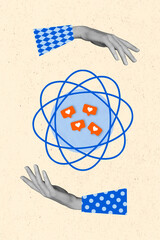 Creative trend collage of hands marketing manager sales social media science hearts likes...