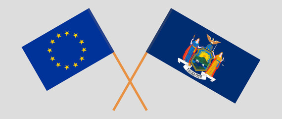 Crossed flags of the European Union and The State of New York. Official colors. Correct proportion