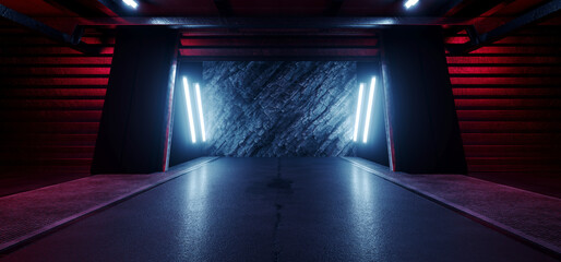Underground Neon Cyber Sci Fi Futuristic Rock Wall Cement Concrete Basement Nuclear Bunker Parking Showroom Grunge Car Metal Door Corridor 3D Rendering