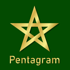 Pentagram icon. Five-pointed star in gradient gold color. Protective amulet for witches. Pentacle sign isolated on green background. Banner with nordic tattoos. Vector illustration