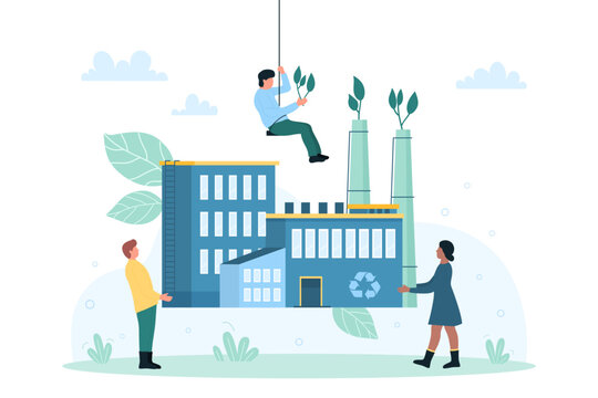 Eco Friendly Factory, Green Technology In Industry Vector Illustration. Cartoon Tiny People Holding Model Of Industrial Building With Natural Plant Leaf In Chimney. Ecology, Manufacturing Concept