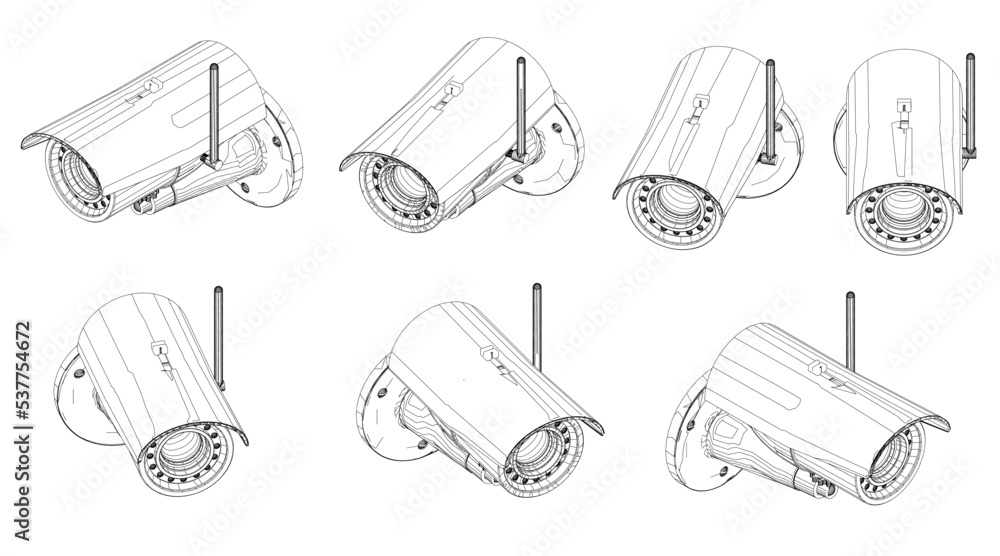 Poster set with contours of a video surveillance camera in different positions from black lines isolated on
