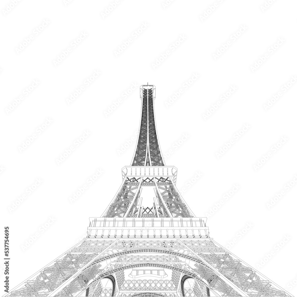 Poster outline of the eiffel tower from black lines isolated on a white background. detailed tower. bottom 